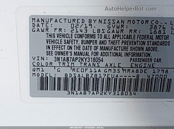 3N1AB7AP2KY318054 2019 NISSAN SENTRA White Vista del compartimento del motor