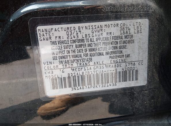 3N1AB7AP2KY321438 2019 NISSAN SENTRA Black Widok komory silnika