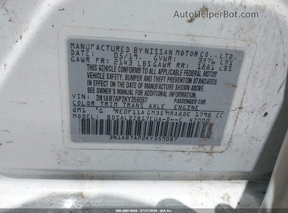 3N1AB7AP2KY359087 2019 NISSAN SENTRA White ძრავის განყოფილების ხედი
