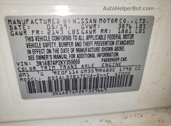 3N1AB7AP2KY359669 2019 NISSAN SENTRA White ძრავის განყოფილების ხედი