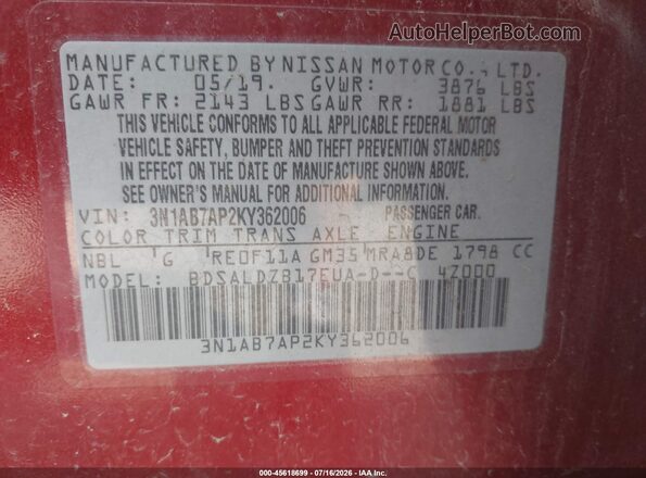 3N1AB7AP2KY362006 2019 NISSAN SENTRA Red Vista del compartimento del motor