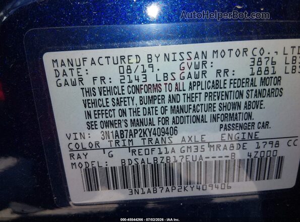 3N1AB7AP2KY409406 2019 NISSAN SENTRA Blue Vista del compartimento del motor