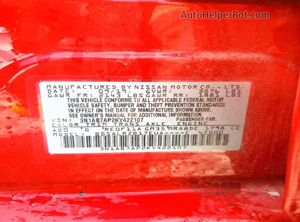 3N1AB7AP2KY422107 2019 NISSAN SENTRA Red VIN sticker view