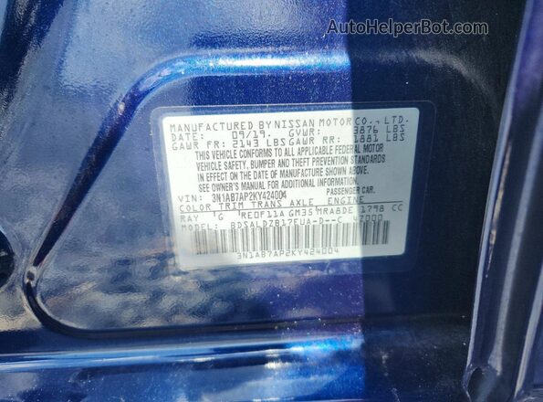 3N1AB7AP2KY424004 2019 NISSAN SENTRA Blue Вид наклейки з VIN-кодом