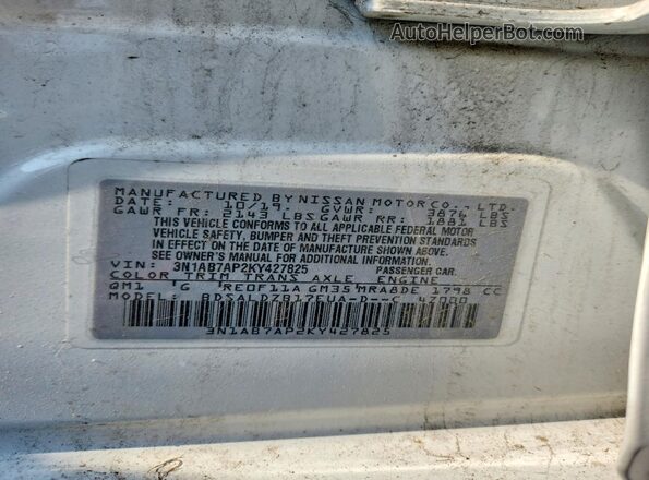 3N1AB7AP2KY427825 2019 NISSAN SENTRA White ძრავის განყოფილების ხედი