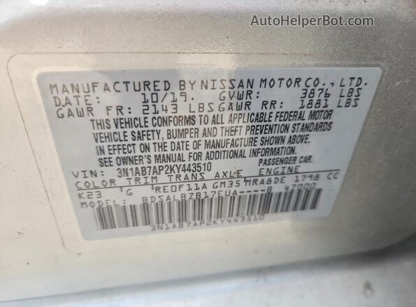 3N1AB7AP2KY443510 2019 NISSAN SENTRA Silver Engine compartment view