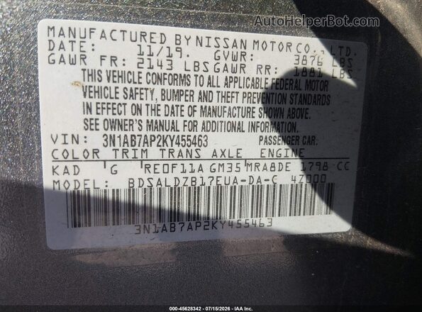 3N1AB7AP2KY455463 2019 NISSAN SENTRA Gray Widok komory silnika