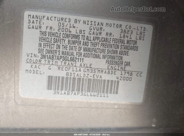 3N1AB7AP3GL662111 2016 NISSAN SENTRA Gray Вид підкапотного простору