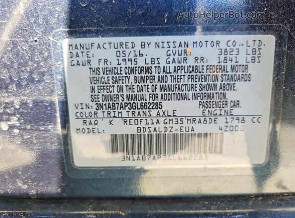 3N1AB7AP3GL662285 2016 NISSAN SENTRA Blue Widok komory silnika