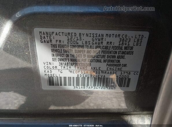 3N1AB7AP3GY209349 2016 NISSAN SENTRA Gray ძრავის განყოფილების ხედი