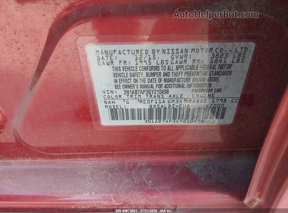 3N1AB7AP3GY210498 2016 NISSAN SENTRA Red ძრავის განყოფილების ხედი