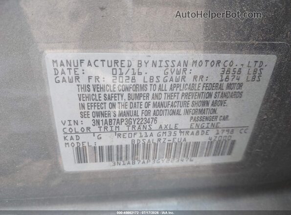 3N1AB7AP3GY223476 2016 NISSAN SENTRA Gray Widok komory silnika