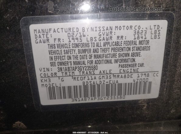 3N1AB7AP3GY235580 2016 NISSAN SENTRA Черный Вид подкапотного пространства