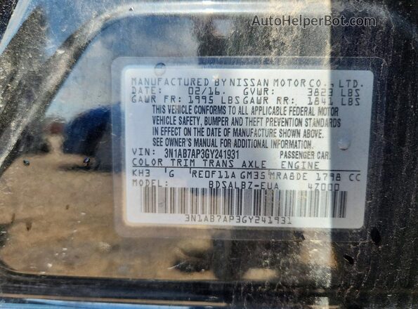 3N1AB7AP3GY241931 2016 NISSAN SENTRA Black Շարժիչի բաժամունքի տեսք