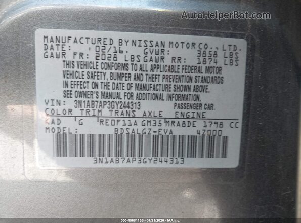 3N1AB7AP3GY244313 2016 NISSAN SENTRA Gray Շարժիչի բաժամունքի տեսք