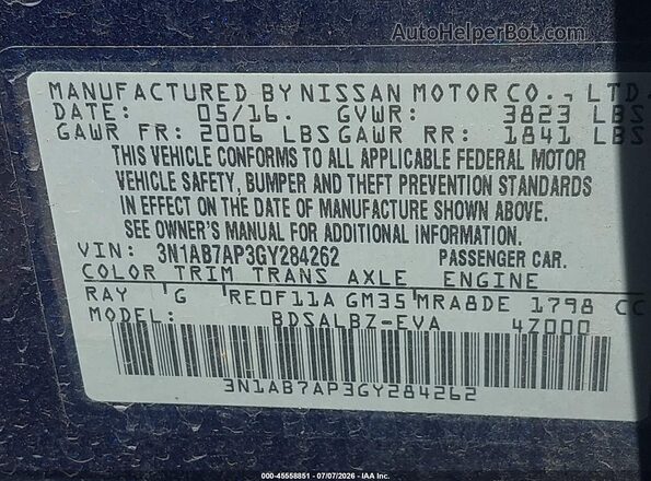 3N1AB7AP3GY284262 2016 NISSAN SENTRA Blue ძრავის განყოფილების ხედი