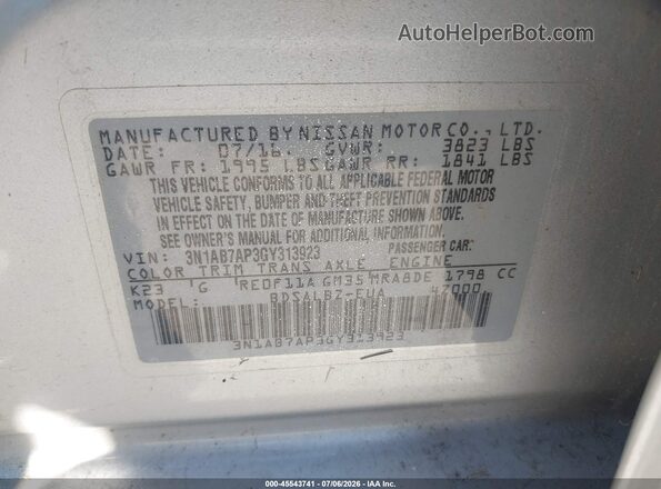 3N1AB7AP3GY313923 2016 NISSAN SENTRA Silver ძრავის განყოფილების ხედი