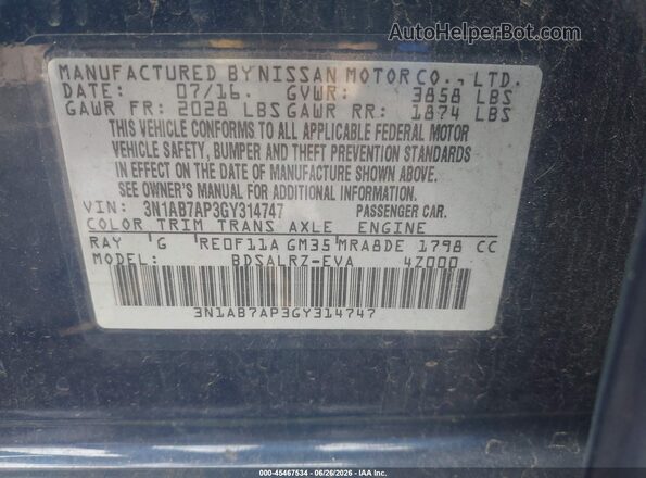 3N1AB7AP3GY314747 2016 NISSAN SENTRA Синий Вид подкапотного пространства