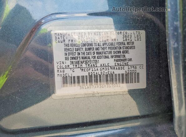 3N1AB7AP3GY317051 2016 NISSAN SENTRA Blue Vista del compartimento del motor