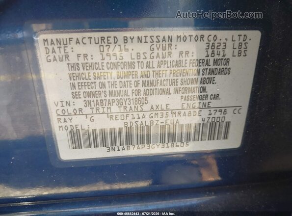 3N1AB7AP3GY318605 2016 NISSAN SENTRA Blue Շարժիչի բաժամունքի տեսք