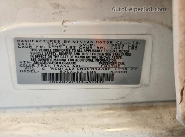 3N1AB7AP3HL655032 2017 NISSAN SENTRA White VIN sticker view