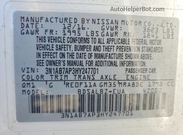 3N1AB7AP3HY247701 2017 NISSAN SENTRA White VIN sticker view