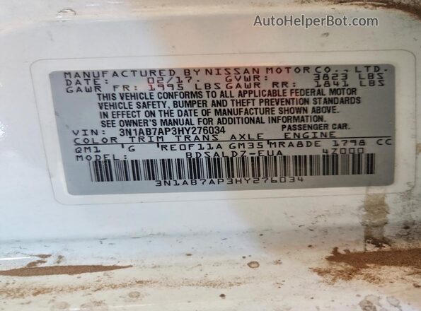 3N1AB7AP3HY276034 2017 NISSAN SENTRA White Widok komory silnika