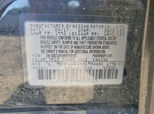 3N1AB7AP3HY310179 2017 NISSAN SENTRA Black Engine compartment view