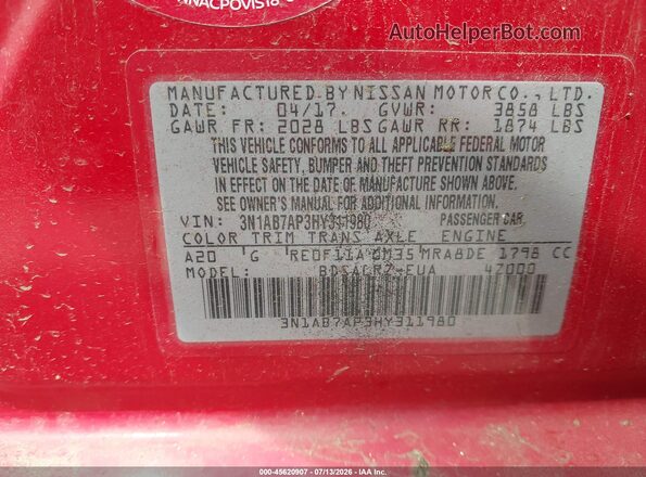 3N1AB7AP3HY311980 2017 NISSAN SENTRA Красный Вид подкапотного пространства