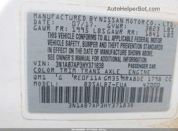 3N1AB7AP3HY371838 2017 NISSAN SENTRA White Շարժիչի բաժամունքի տեսք