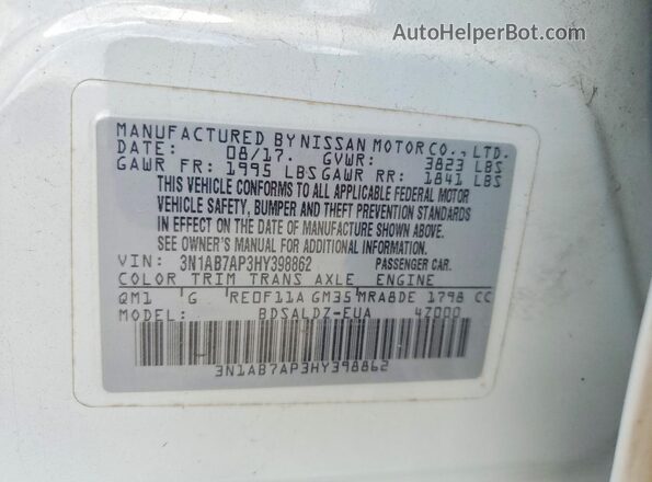 3N1AB7AP3HY398862 2017 NISSAN SENTRA White ძრავის განყოფილების ხედი