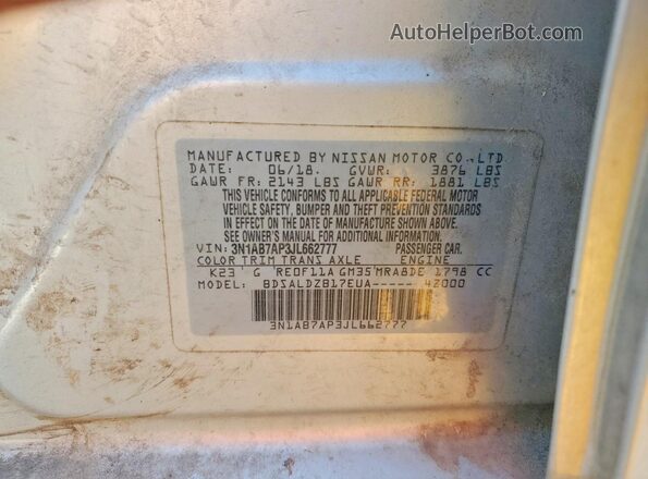 3N1AB7AP3JL662777 2018 NISSAN SENTRA Серебряный Вид наклейки с VIN-кодом