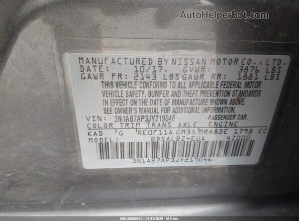 3N1AB7AP3JY219046 2018 NISSAN SENTRA Gray Engine compartment view
