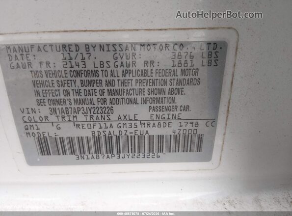 3N1AB7AP3JY223226 2018 NISSAN SENTRA White Engine compartment view