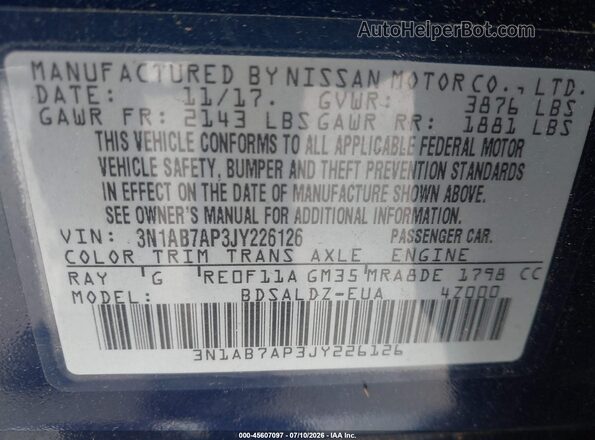3N1AB7AP3JY226126 2018 NISSAN SENTRA Blue Engine compartment view