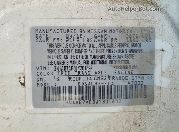 3N1AB7AP3JY301892 2018 NISSAN SENTRA White Widok komory silnika
