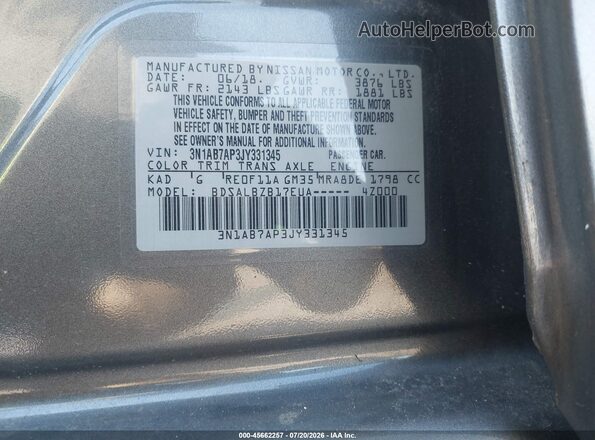 3N1AB7AP3JY331345 2018 NISSAN SENTRA Gray Widok komory silnika