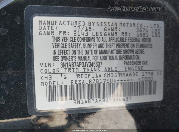 3N1AB7AP3JY346637 2018 NISSAN SENTRA Black Engine compartment view