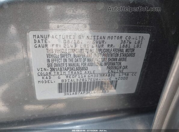 3N1AB7AP3KL605853 2019 NISSAN SENTRA Gray Widok komory silnika