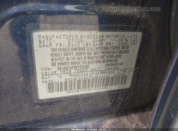 3N1AB7AP3KY205357 2019 NISSAN SENTRA Blue Շարժիչի բաժամունքի տեսք