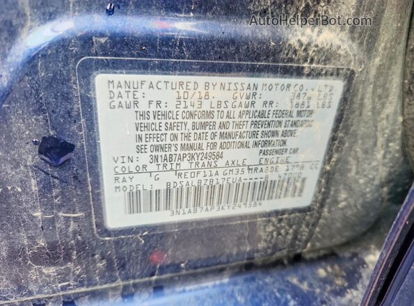 3N1AB7AP3KY249584 2019 NISSAN SENTRA Blue ძრავის განყოფილების ხედი