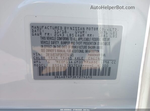 3N1AB7AP3KY274145 2019 NISSAN SENTRA White Շարժիչի բաժամունքի տեսք