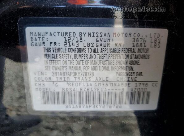 3N1AB7AP3KY278728 2019 NISSAN SENTRA Black ძრავის განყოფილების ხედი