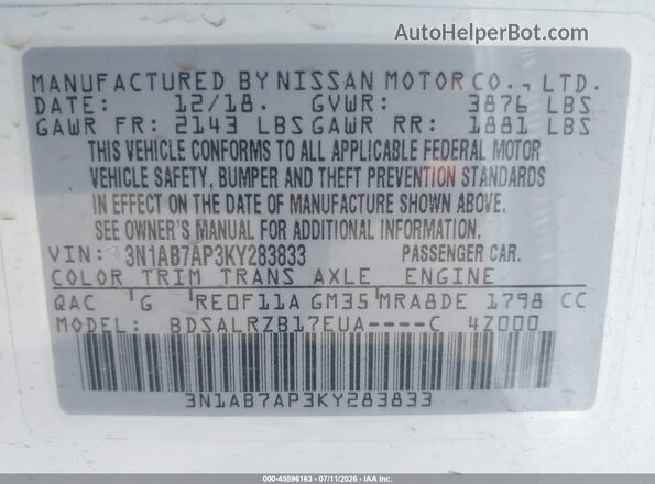 3N1AB7AP3KY283833 2019 NISSAN SENTRA White Widok komory silnika