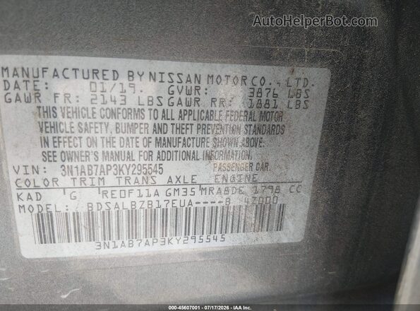 3N1AB7AP3KY295545 2019 NISSAN SENTRA Gray Engine compartment view