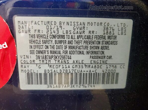 3N1AB7AP3KY296744 2019 NISSAN SENTRA Blue Vista de la etiqueta del VIN