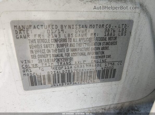 3N1AB7AP3KY299191 2019 NISSAN SENTRA White Vista del compartimento del motor