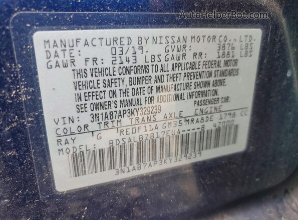 3N1AB7AP3KY329239 2019 NISSAN SENTRA Blue Շարժիչի բաժամունքի տեսք
