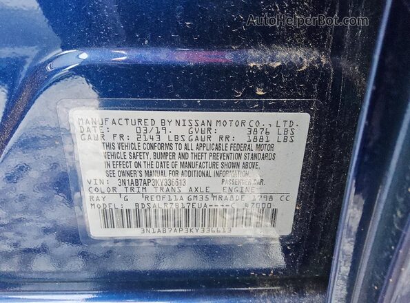 3N1AB7AP3KY336613 2019 NISSAN SENTRA Blue Widok komory silnika
