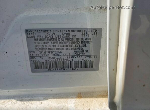 3N1AB7AP3KY353542 2019 NISSAN SENTRA White Engine compartment view